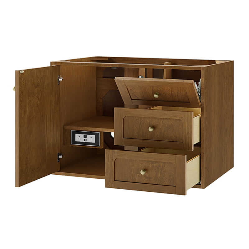 Laurent 36 Inch Single Vanity in Honey Oak Corner View Open Door Floating