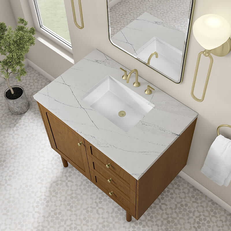 Laurent 36 Inch Single Vanity in Honey Oak With Ethereal Noctis Silestone Top