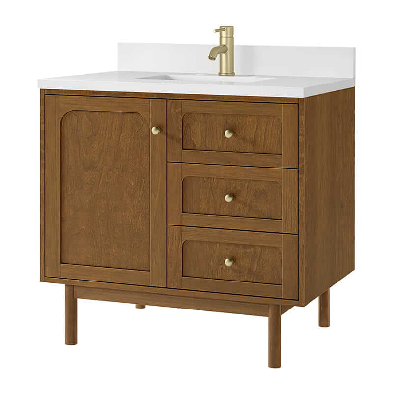 Laurent 36 Inch Single Vanity in Honey Oak With Single Hole Faucet White Zeus Silestone Top Backsplash
