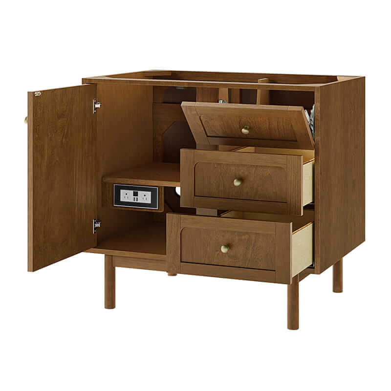 Laurent 36" Single Vanity in Honey Oak Corner View Open Door Freestanding