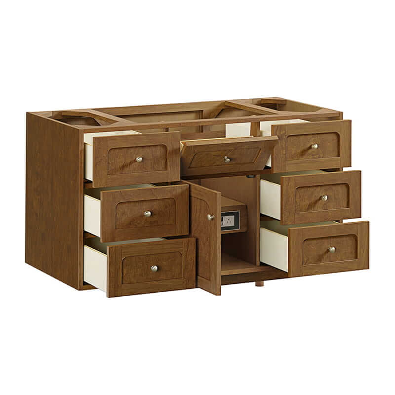 Laurent 48" Single Vanity in Honey Oak Corner View Open Door Floating
