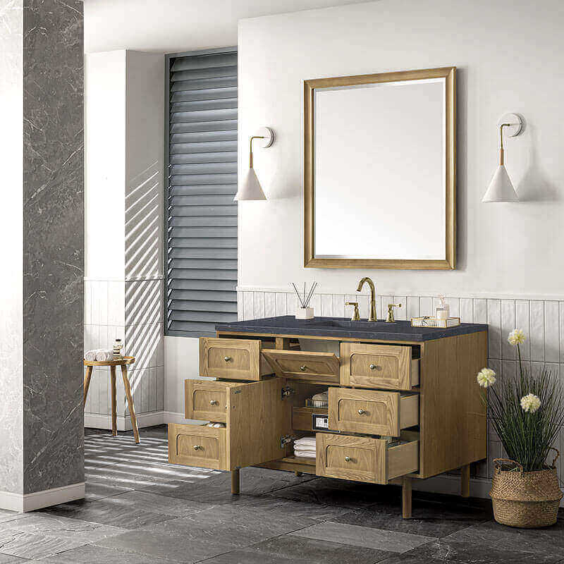 Laurent 48 Single Vanity Light Natural Oak Side View Open Drawer