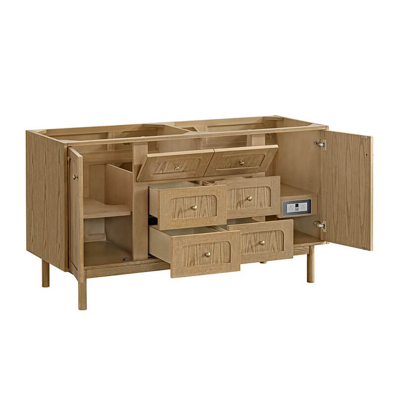 Laurent 60" Double Vanity in Light Natural Oak Corner View Open Drawers