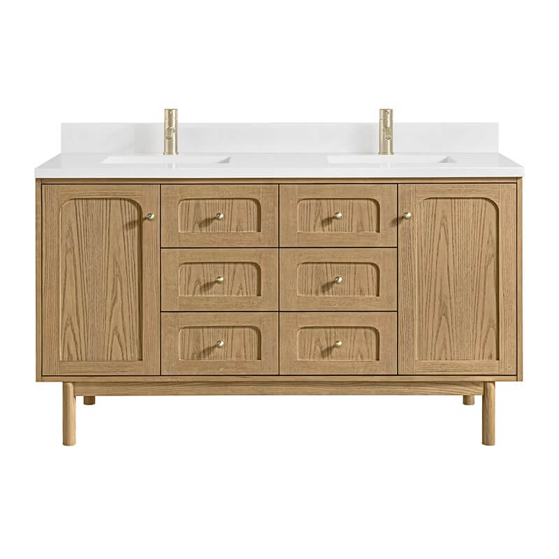 Laurent 60" Double Vanity in Light Natural Oak With Single Hole Faucet White Zeus Quartz Top Backsplash
