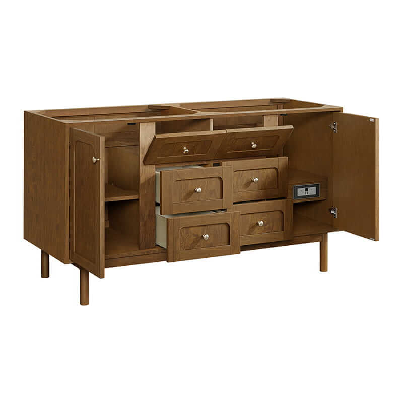 Laurent 60 Inch Double Vanity in Honey Oak Coner View Open Doors Freestanding
