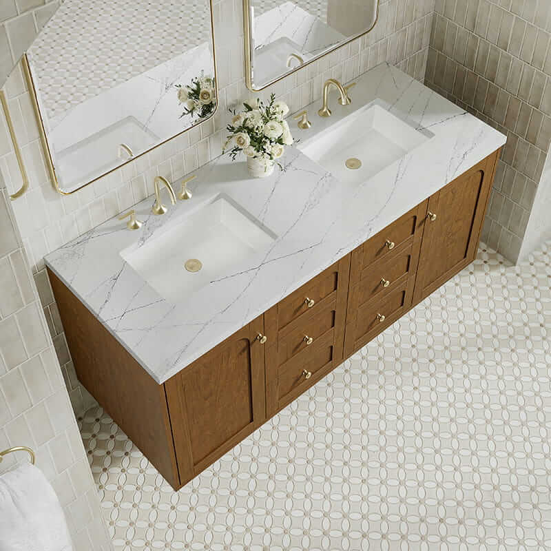 Laurent 60 Inch Double Vanity in Honey Oak With Ethereal Noctis Silestone Top