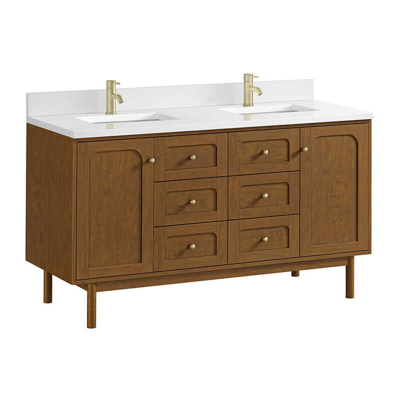 Laurent 60 Inch Double Vanity in Honey Oak With Single Hole Faucet White Zeus Silestone Top Backsplash