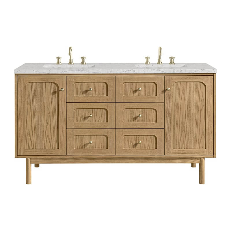 Laurent 60 Inch Double Vanity in Light Natural Oak With Eternal Jasmine Pearl Quartz Top