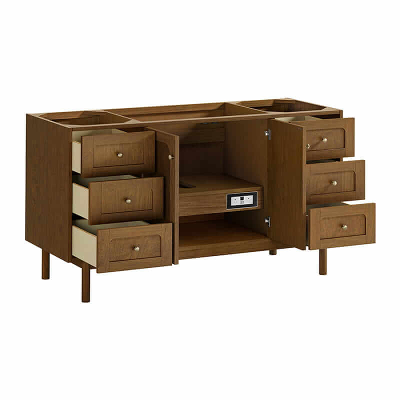 Laurent 60 Inch Single Vanity in Honey Oak Corner View Open Doors Freestanding