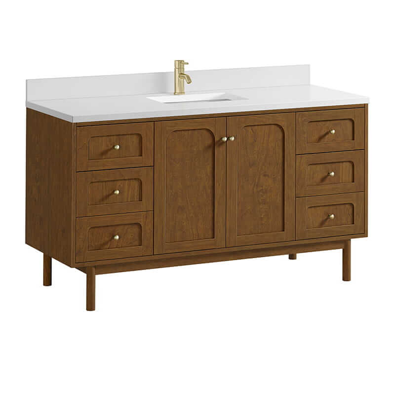 Laurent 60 Inch Single Vanity in Honey Oak With Single Hole Faucet White Zeus Silestone Top Backsplash