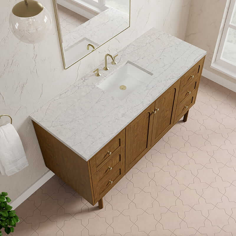 Laurent 60" Single Vanity in Honey Oak With Eternal Jasmine Pearl Silestone Top