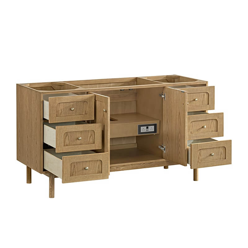 Laurent 60" Single Vanity in Light Natural Oak Corner View Open Drawer