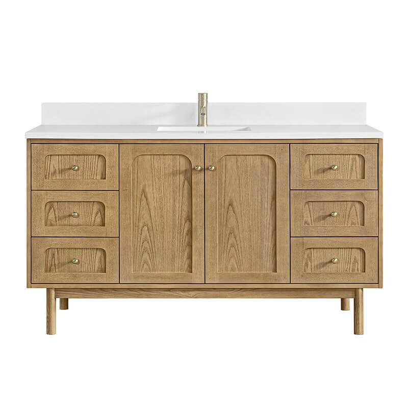 Laurent 60" Single Vanity in Light Natural Oak With Single Hole Faucet White Zeus Quartz Top Backsplash