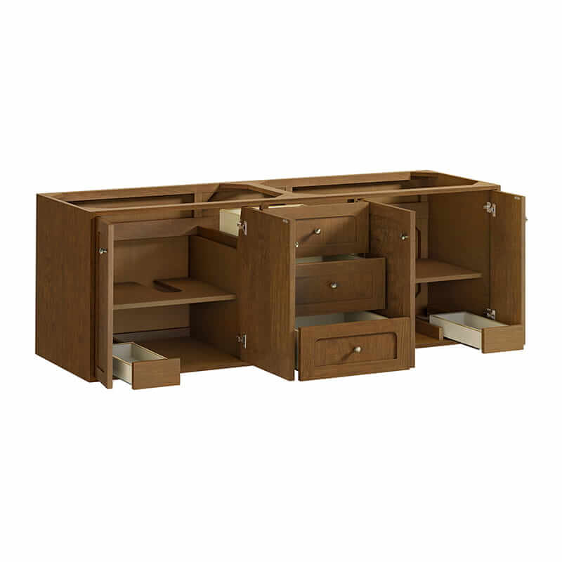 Laurent 72" Double Vanity in Honey Oak Corner View Open Doors Floating