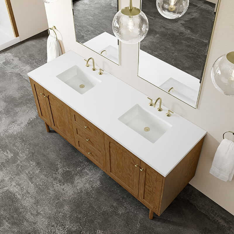 Laurent 72" Double Vanity in Honey Oak With White Zeus Silestone Top