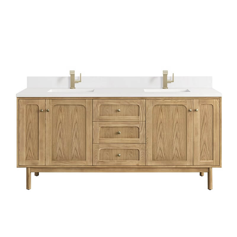 Laurent 72" Double Vanity in Light Natural Oak With Single Hole Faucet White Zeus Top Backsplash
