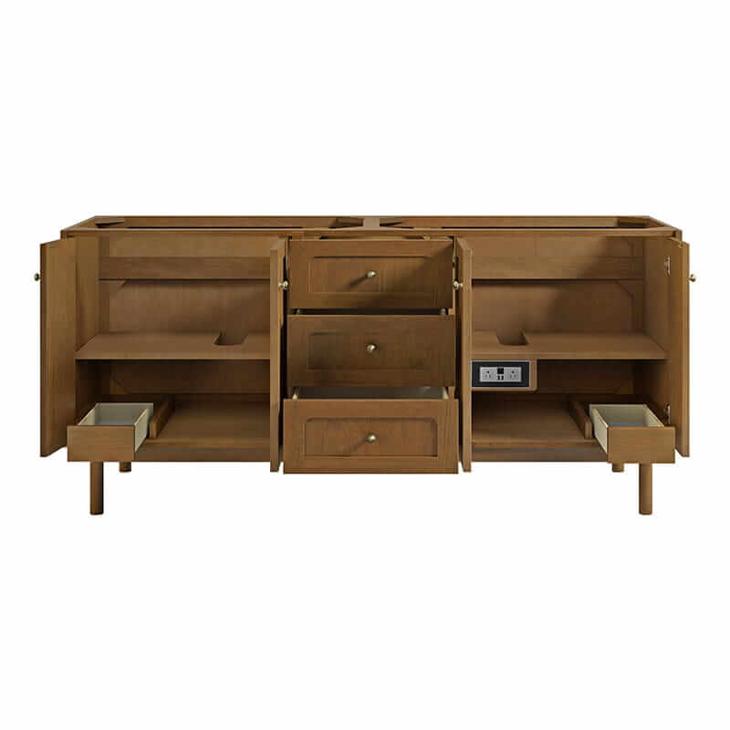 Laurent 72 Inch Double Vanity in Honey Oak Front View Open Doors Freestanding