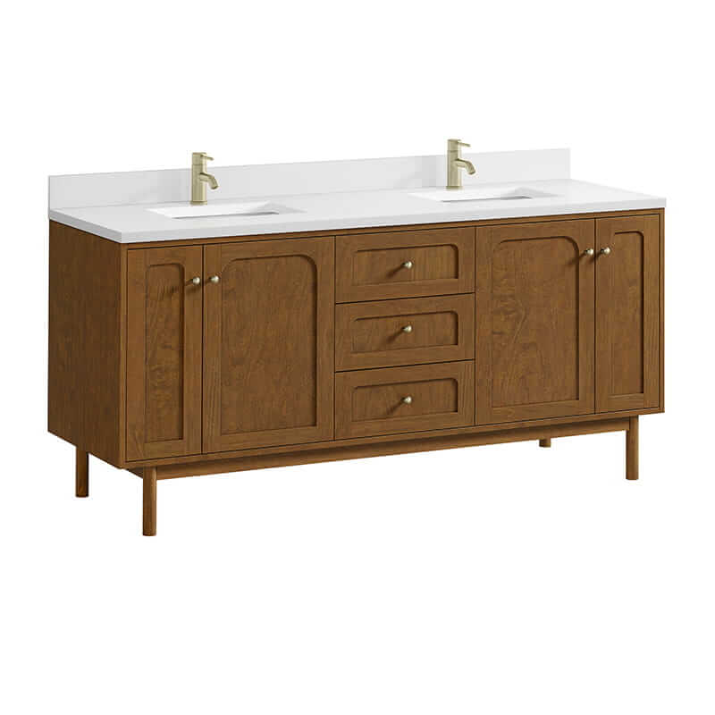 Laurent 72 Inch Double Vanity in Honey Oak With Single Hole Faucet White Zeus Silestone Top Backsplash