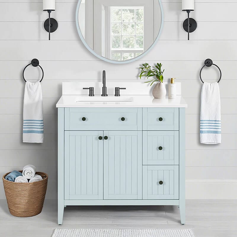 Layla 36 inch Left-Offset Single Sink Bathroom Vanity Ice Blue in White Engineered Stone Front View