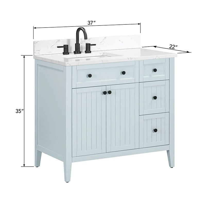 Layla 36 Left-Offset Single Sink Bathroom Vanity Ice Blue in Cala White Engineered Stone Dimension