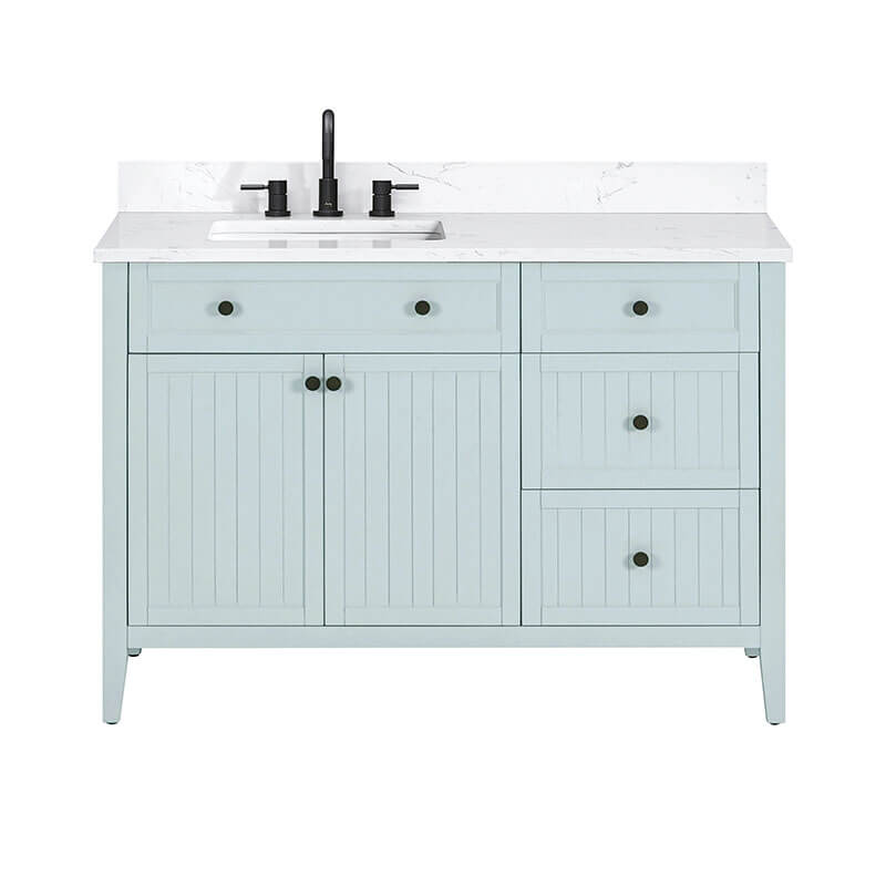 Layla 48 Left-Offset Single Sink Bathroom Vanity Ice Blue in Cala White Engineered Stone Front View