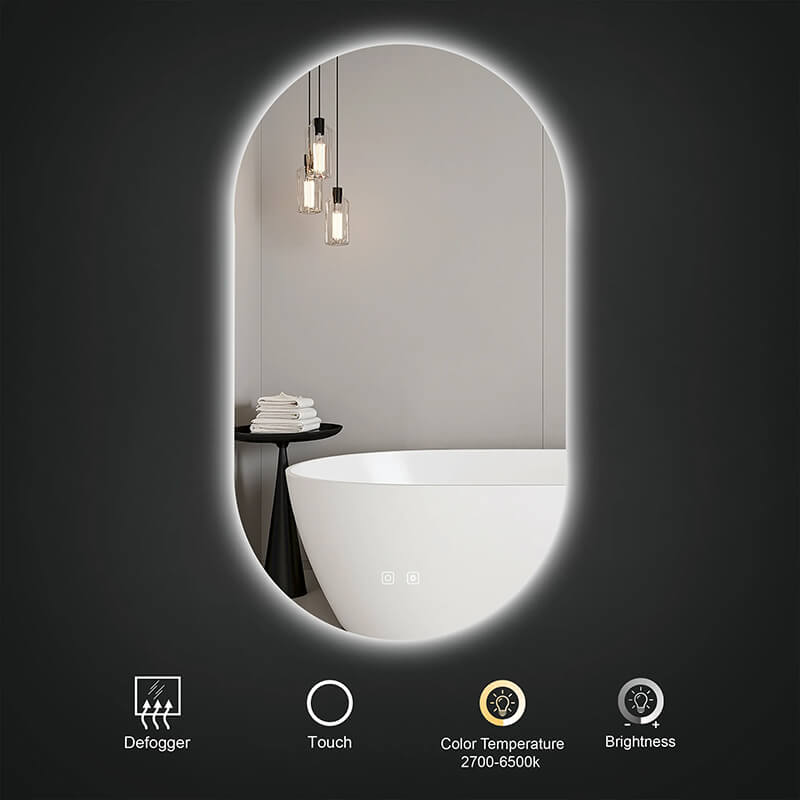 Lexi LED mirror feature icons showing defogger, touch control, adjustable color temperature (2700K–6500K), and brightness dimmer