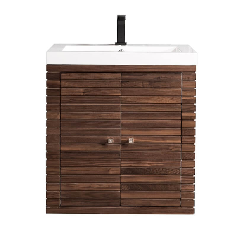 Linden 24 Inch Single Vanity in Mid Century Walnut With Glossy White Composite Stone Top Floating