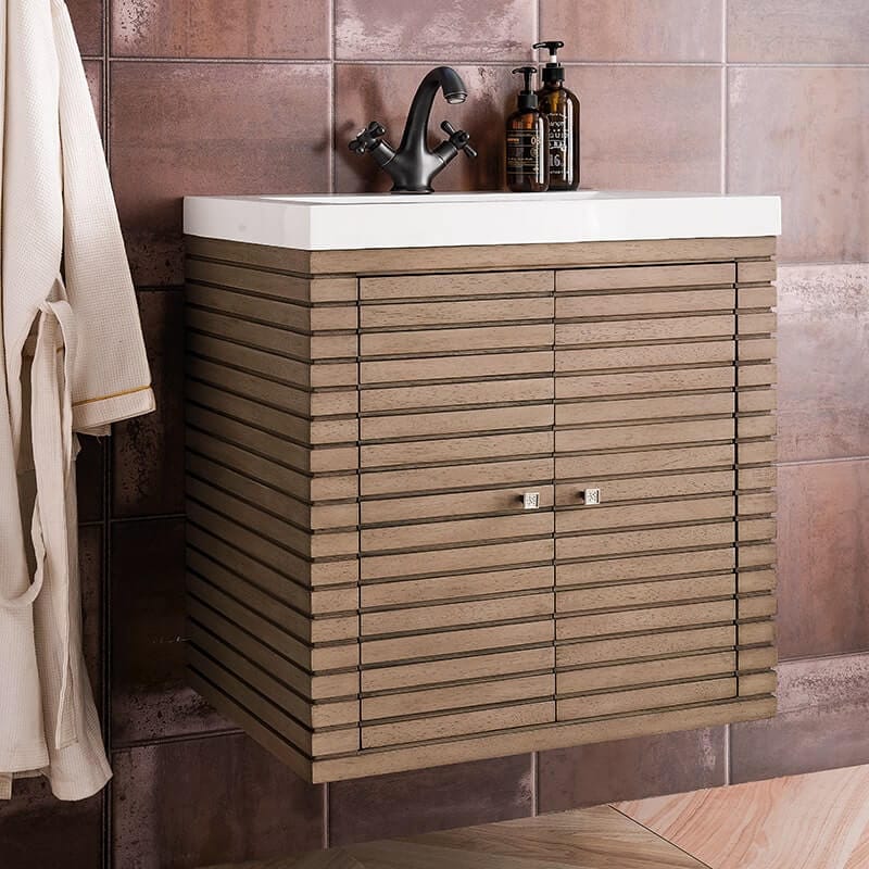 Linden 24 Inch Single Vanity in Whitewashed Walnut With Glossy White Composite Stone Top Floating Corner View