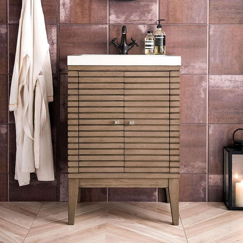 Linden 24 Inch Single Vanity in Whitewashed Walnut With Glossy White Composite Stone Top Freestanding Front View