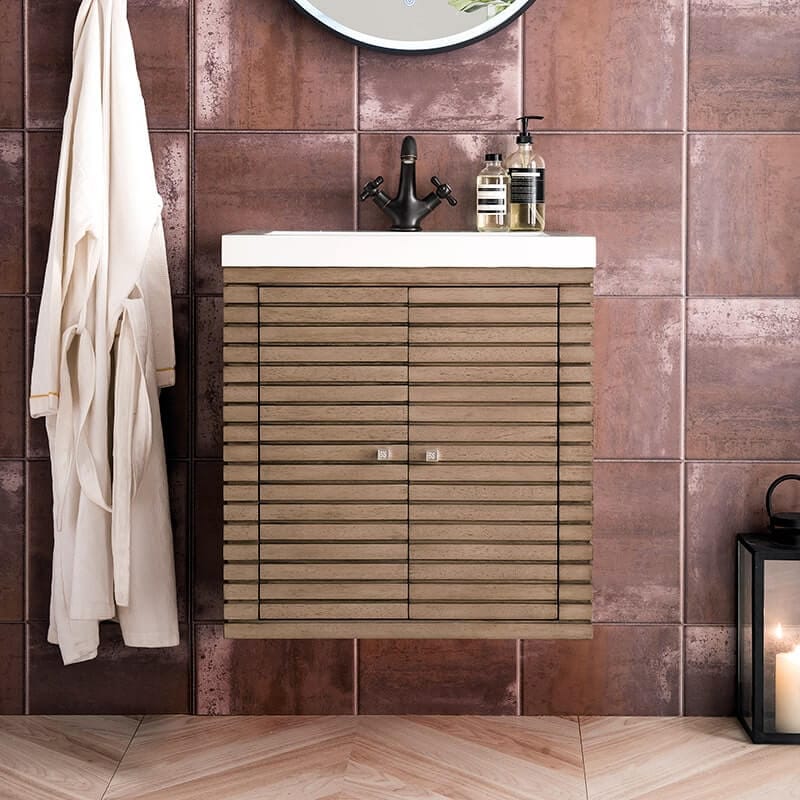 Linden 24" Single Vanity in Whitewashed Walnut With Glossy White Composite Stone Top Floating Front View