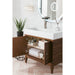 Linear 36 Inch Single Vanity in Mid Century Walnut With White Composite Stone Top Corner View Open Doors