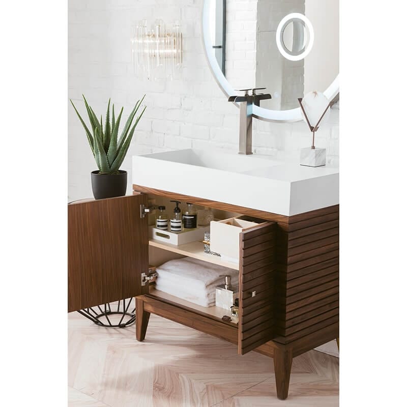 Linear 36 Inch Single Vanity in Mid Century Walnut With White Composite Stone Top Corner View Open Doors