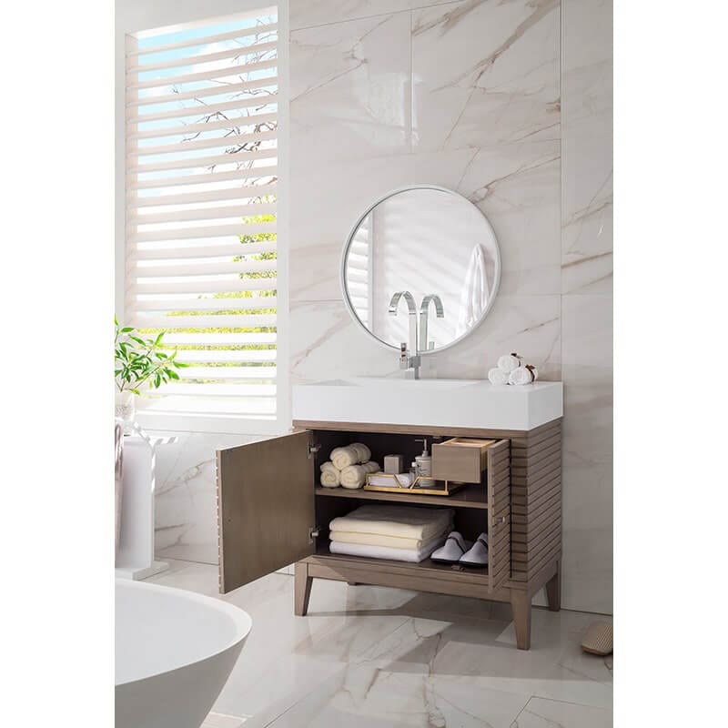 Linear 36 Inch Single Vanity in Whitewashed Walnut With White Composite Stone Top Open Doors