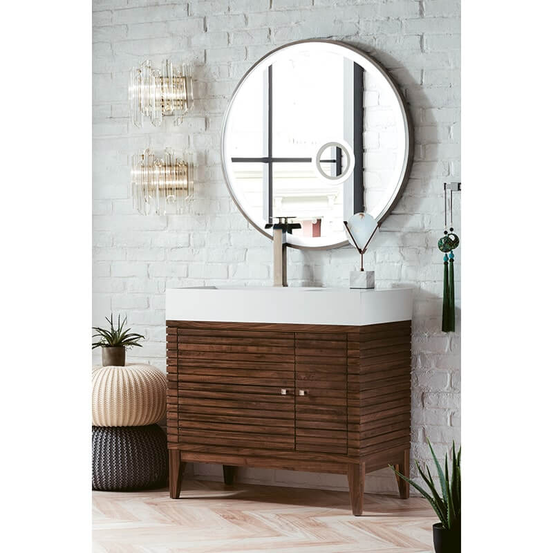Linear 36" Single Vanity in Mid Century Walnut With White Composite Stone Top Corner View