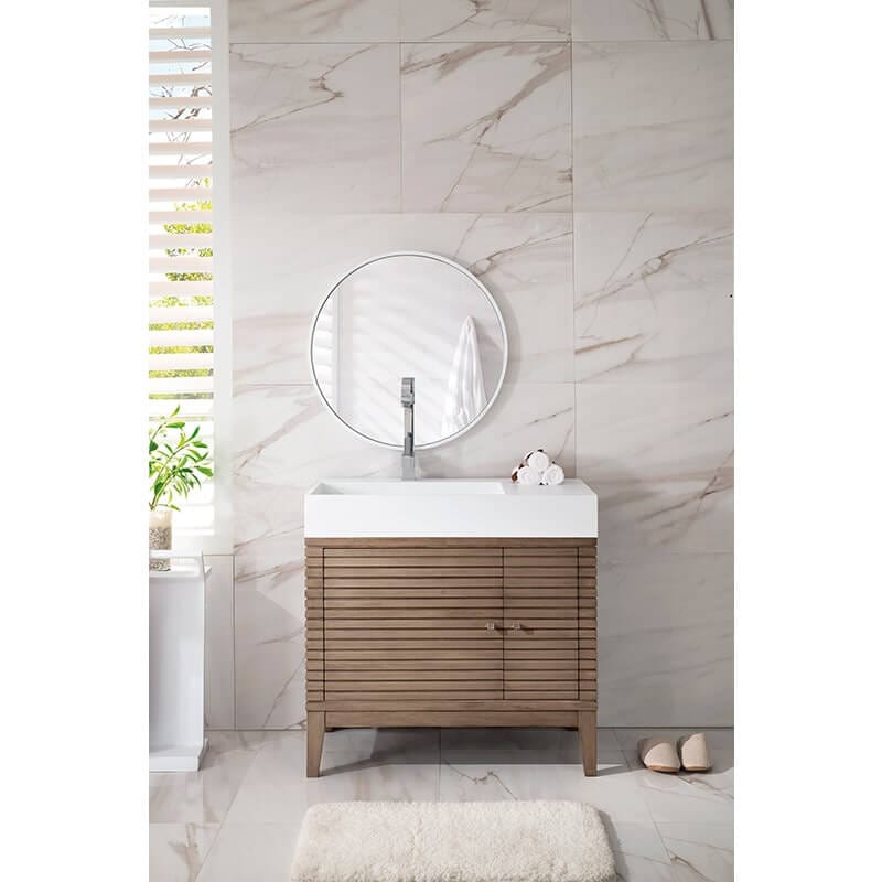Linear 36" Single Vanity in Whitewashed Walnut With White Composite Stone Top Front View