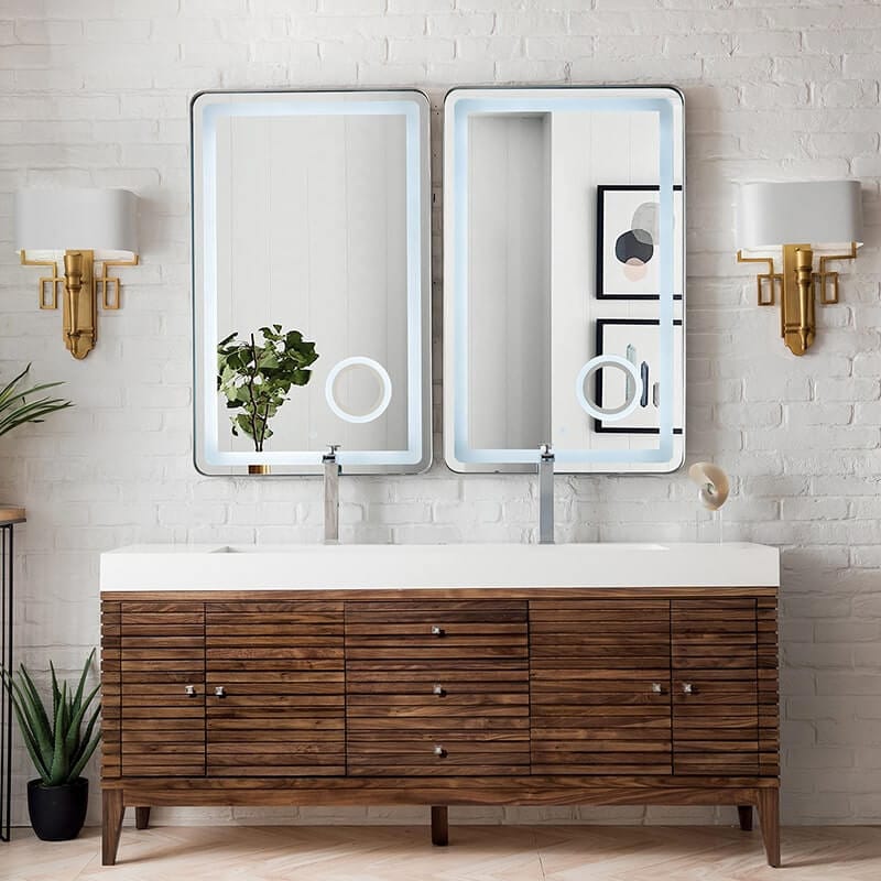 Linear 72" Double Vanity in Mid Century Walnut With Glossy White Composite Stone Top Front View