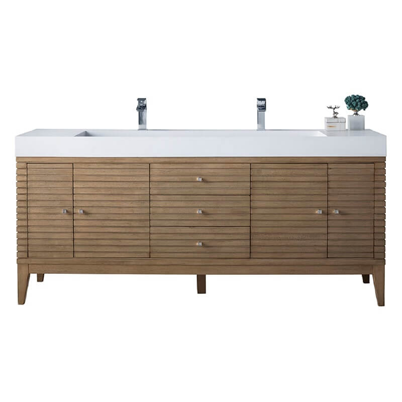 Linear 72" Double Vanity in Whitewashed Walnut With Glossy White Composite Stone Top