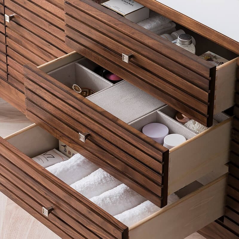 Linear 72 Inch Double Vanity in Mid Century Walnut With Glossy White Composite Stone Top Drawers
