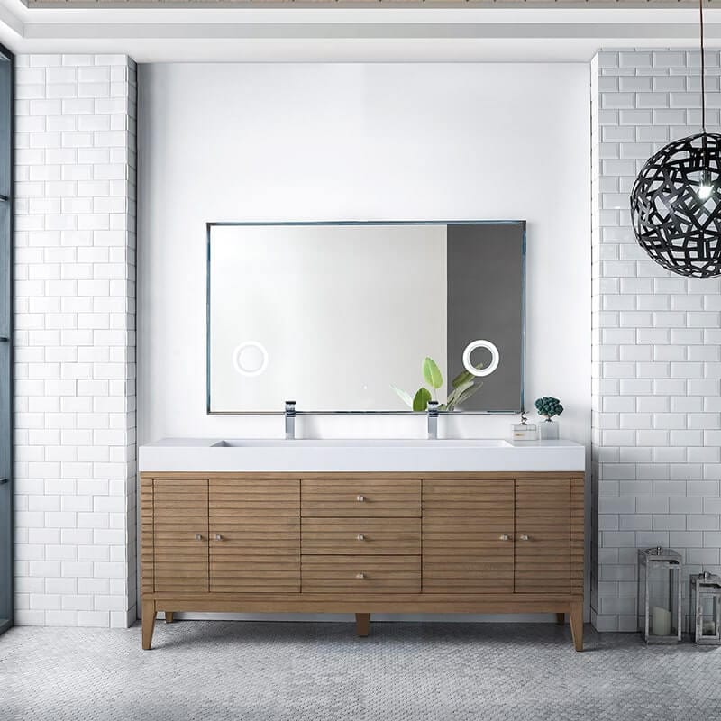 Linear 72 Inch Double Vanity in Whitewashed Walnut With Glossy White Composite Stone Top Front View