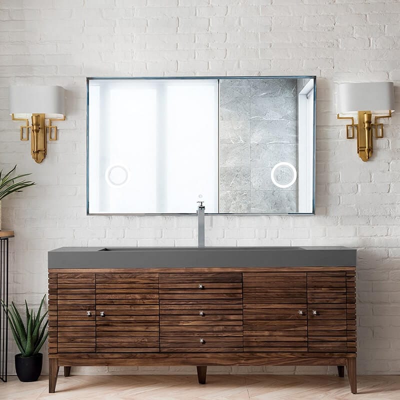 Linear 72" Single Vanity in Mid Century Walnut With Dusk Grey Composite Stone Top Front View
