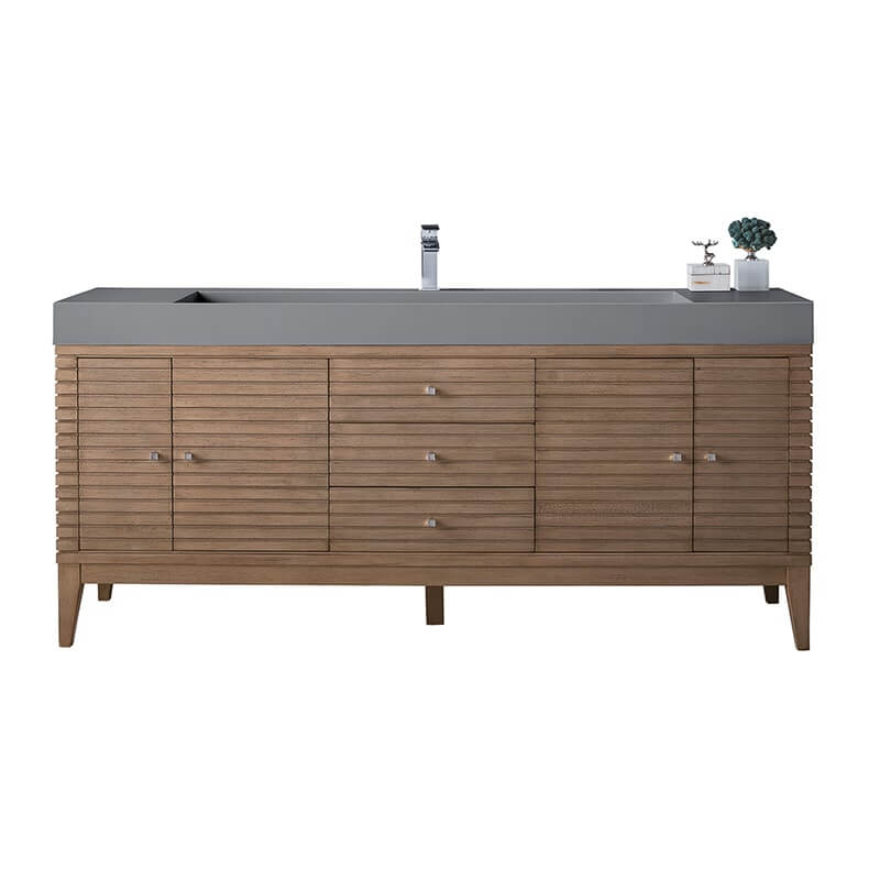 Linear 72" Single Vanity in Whitewashed Walnut With Dusk Grey Glossy Composite Stone Top