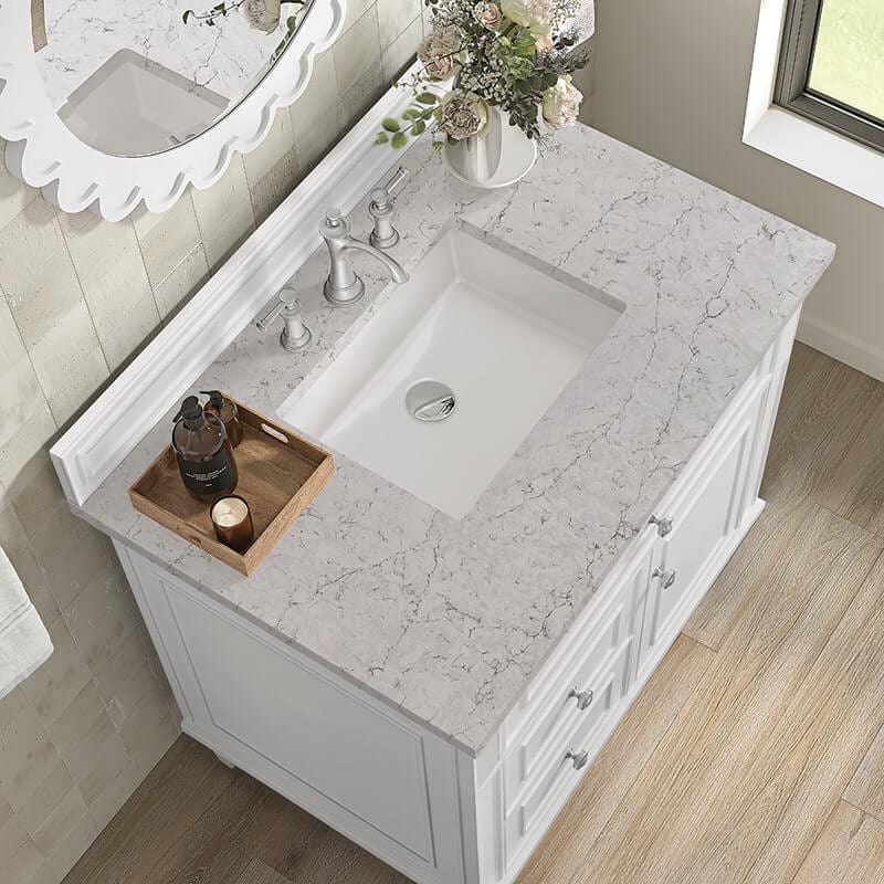 Lorelai 36 Inch Single Vanity in Bright White With Eternal Jasmine Pearl Silestone Top