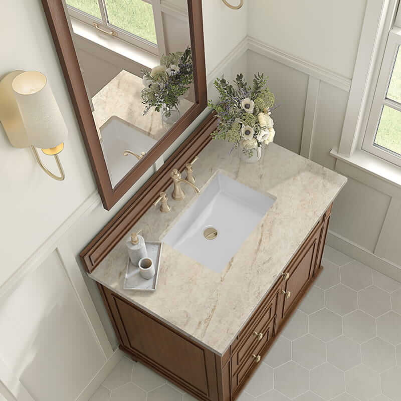 Lorelai 36 Inch Single Vanity in Mid Century Acacia With Tajnar Eclos Top