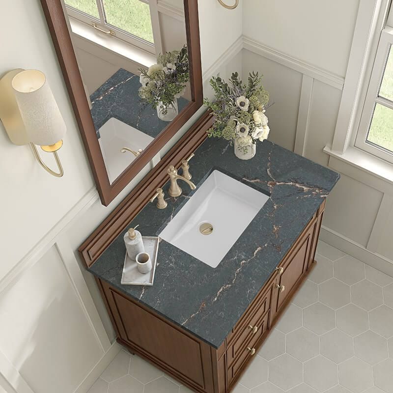 Lorelai 36 Inch Single Vanity in Mid Century Walnut With Parisien Bleu Silestone Top