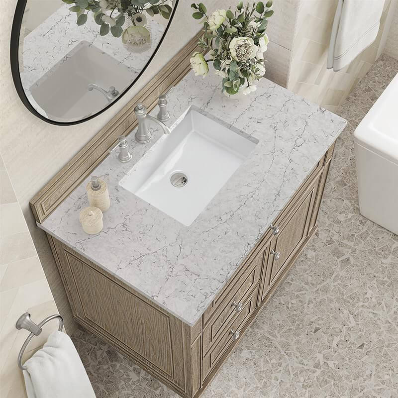 Lorelai 36 Inch Single Vanity in Whitewashed Oak With Eternal Jasmine Pearl Silestone Top