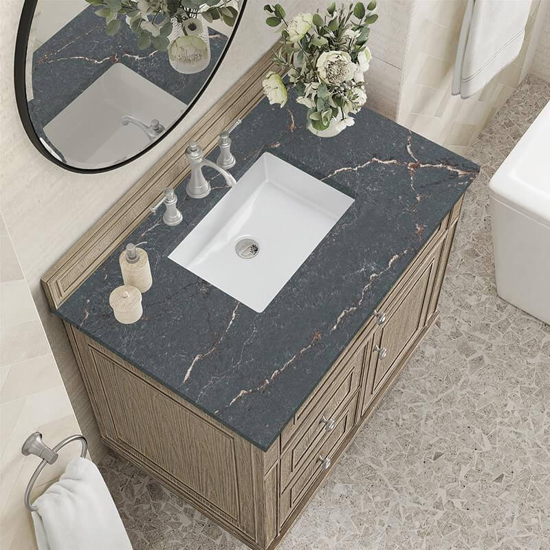 Lorelai 36 Inch Single Vanity in Whitewashed Oak With Parisien Bleu Silestone Top