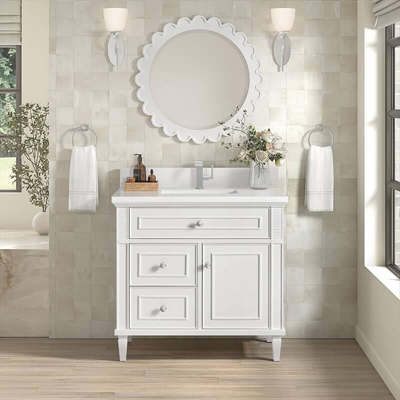 Lorelai 36" Single Vanity in Bright White With Single Hole Faucet White Zeus Silestone Top Backsplash