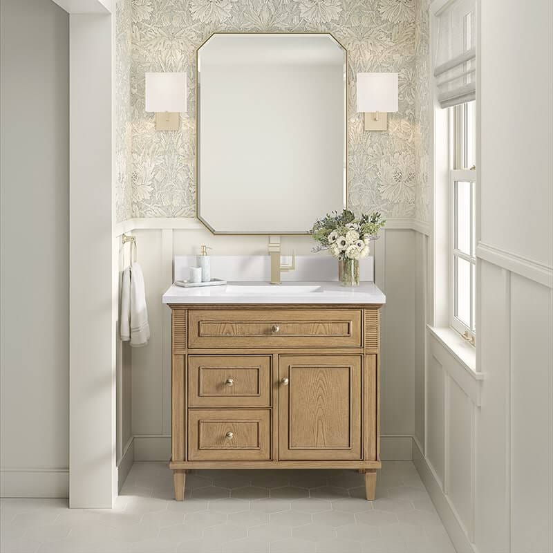 Lorelai 36" Single Vanity in Light Natural Oak With Single Hole Faucet White Zeus Silestone Top Backsplash