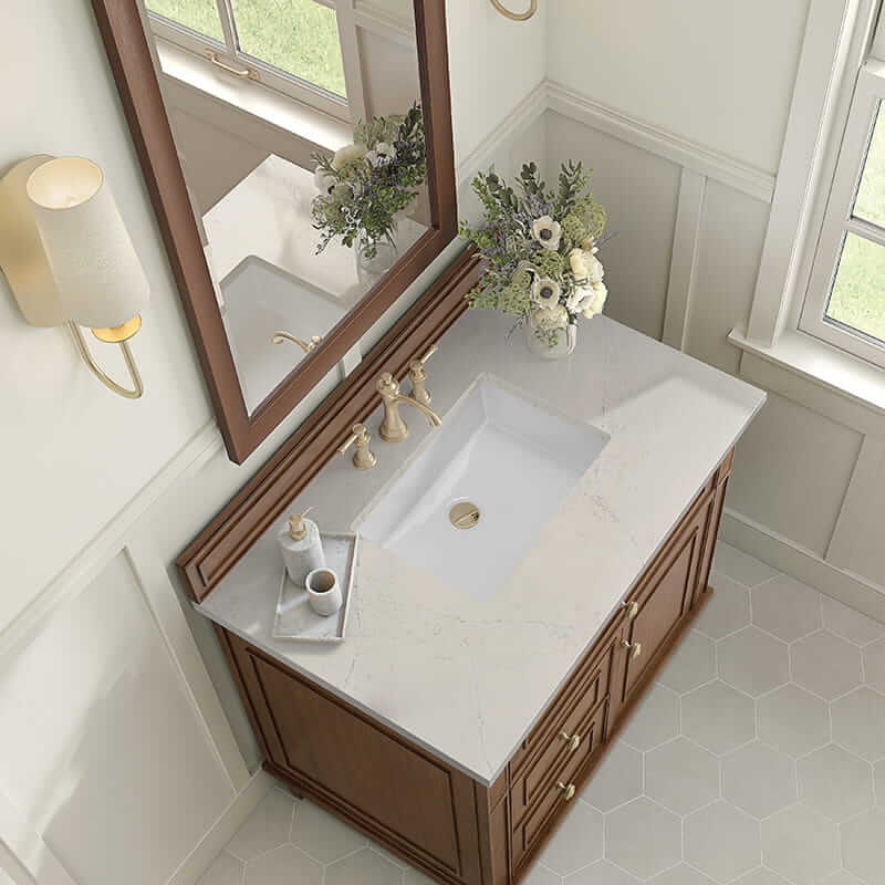 Lorelai 36" Single Vanity in Mid Century Acacia With Siberian Silestone Top