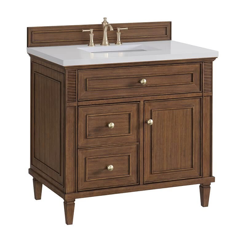 Lorelai 36" Single Vanity in Mid Century Walnut Corner View With Countertop